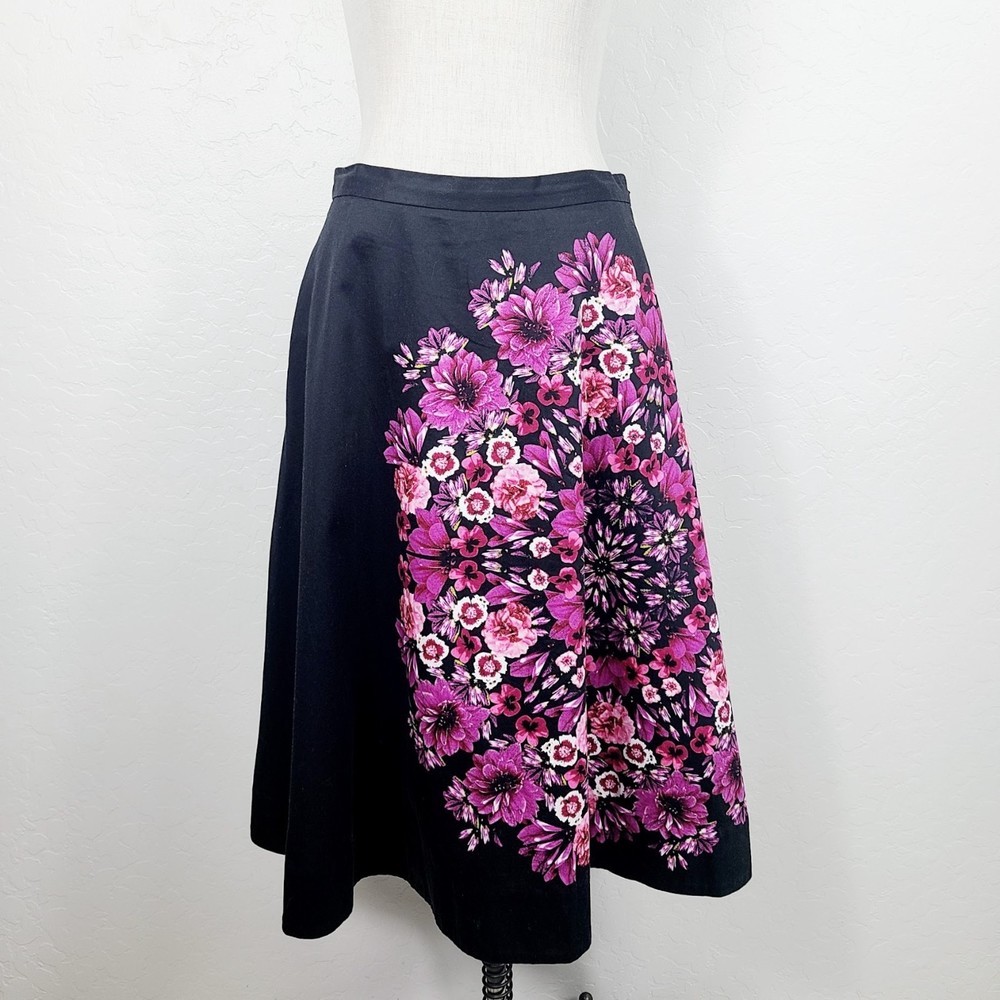 Vanessa Virginia Anthropologie Skirt 6 Black Pink Floral A-line Lined Midi